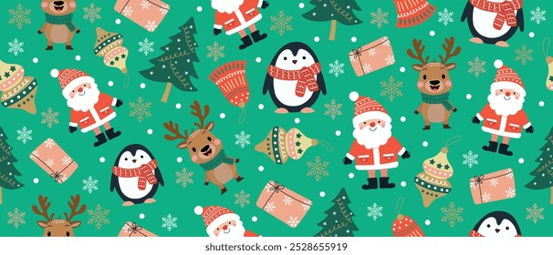 Seamless pattern on green background with new year or christmas. Christmas wallpaper elements, gift wrapping paper, poster banner mockup or card template. Vector.