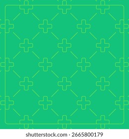 Seamless pattern on a green background with a plus icon. Line design for posters, social media, and banner templates.