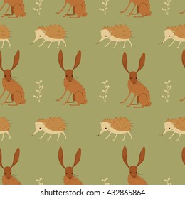 Seamless pattern on green background with hares and hedgehogs