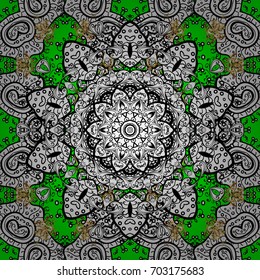 Seamless pattern on green background with golden elements and white doodles. Traditional orient ornament.