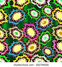 Seamless pattern on green gradient background. Vector illustration. Seamless pattern on doodles.