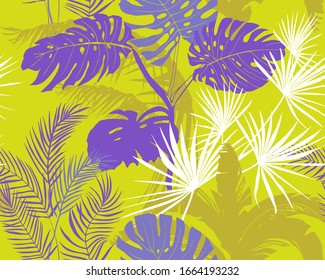 seamless pattern on a GREEN KHAKI background of purple and white silhouettes of tropical plants and their leaves, Washingtonia palm, banana palm, monstera