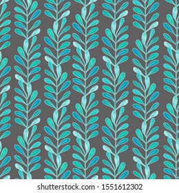 Seamless pattern on grey background. Green leaves. Cute print for wallpaper, fabric, textile, bedclothes, wrapping paper. Stock vector illustration.