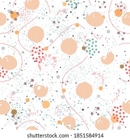 Seamless Pattern on grunge background with colorful dots, paint splashes, curves, circles, ink brush, etc. Hand Drawn Design. Great for wall art design, gift paper, wrapping, fabric, textile, etc.