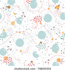 Seamless Pattern on grunge background with colorful dots, paint splashes, curves, circles,  ink brush, etc. Hand Drawn Design. Great for wall art design, gift paper, wrapping, fabric, textile, etc.