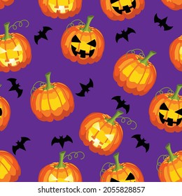 Patrón sin foco en el tema de las fiestas de Halloween. Calabazas y murciélagos sobre un fondo morado.