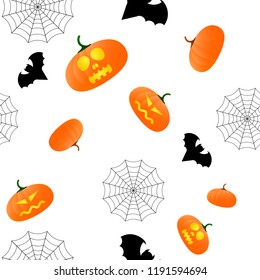 seamless pattern on Halloween with spider web, pumpkins, bats