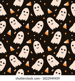 seamless pattern on halloween theme with cute ghosts on black background