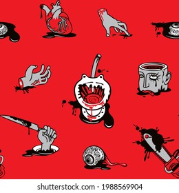 Seamless pattern on a Halloween theme with severed hands and head, torn out human heart and eyes in a puddles of blood. Repeating vector background with horrible cartoon pictures on a red backdrop