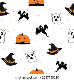 Seamless pattern on the Halloween theme with ghosts, a pumpkin and a witch's hat. Cartoon vector illustration. Template for textiles, fabrics, covers, wrapping paper, covering, etc.