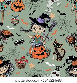 Seamless pattern on Halloween theme with little girls witches pumpkins and various horror elements. Vector