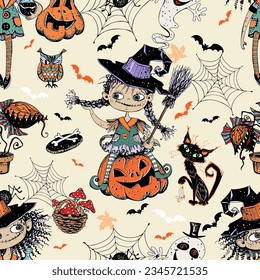 Seamless pattern on Halloween theme with little girls witches pumpkins and various horror elements. Vector