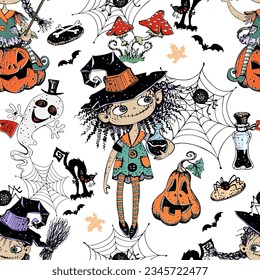 Seamless pattern on Halloween theme with little girls witches pumpkins and various horror elements. Vector