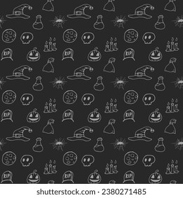 Seamless pattern on the Halloween theme with various colored and black and white elements, suitable for backgrounds, prints, wallpapers and so on.