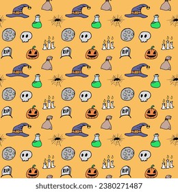 Seamless pattern on the Halloween theme with various colored and black and white elements, suitable for backgrounds, prints, wallpapers and so on.