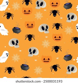 Seamless pattern on the Halloween theme with holiday elements, ghosts, pumpkins, skull, spiders, cauldron with a magic potion.