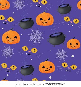 Seamless pattern on a Halloween theme with festive cartoon elements, pumpkins, a cauldron with a magic potion, yellow cat eyes and a scary web.