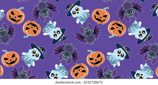 
Seamless pattern on the Halloween theme - pumpkin, bat, ghost, repeated on a purple background. Set of hand drawn elements. Vector illustration.