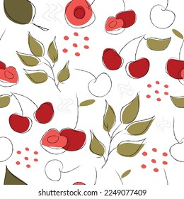 Seamless pattern on handmade abstract fruit drawings. Contemporary artistic design of cherries for backgrounds, cards, wrappers and wallpapers