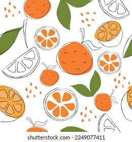 Seamless pattern on handmade abstract fruit drawings. Contemporary artistic design of oranges fruit for backgrounds, cards, wrappers and wallpapers