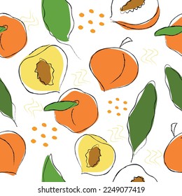 Seamless pattern on handmade abstract fruit drawings. Contemporary artistic design of peaches fruit for backgrounds, cards, wrappers and wallpapers