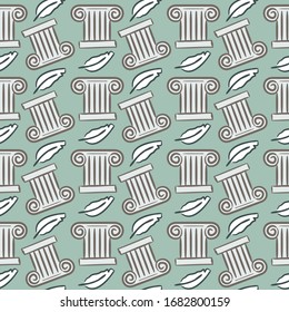 Seamless pattern on a historical theme. Ancient Greek columns and writing feathers on a blue background. Vector illustration for historical, archaeological, educational and training projects.