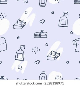 Padrão contínuo sobre higiene e cuidados corporais: papel, tecidos, toalha, sabão líquido etc. Ilustração vetorial de rabiscar. Estilo de arte infantil ingênuo