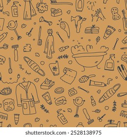 Seamless pattern on hygiene and body care: bubble bath, washcloth, soap, comb, cream, scissors etc. Doodle vector illustration. Childish naive art style