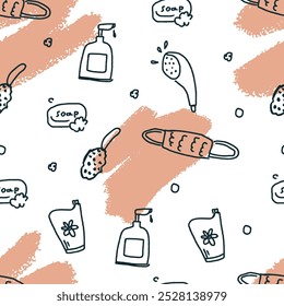 Seamless pattern on hygiene and body care: shower, soap, cream, shampoo, washcloth etc. Doodle vector illustration. Childish naive art style