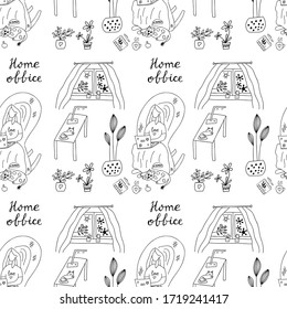 Seamless pattern on insulation theme. Home office lettering. Girl sitting in an arm chair working on a laptop. Fat cat lies at her feet. In the window is sun and bacterium. Vector stock illustration.