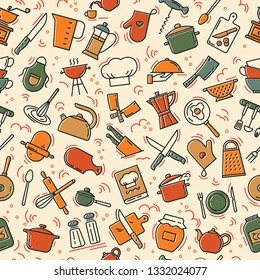 The Seamless Pattern On The Kitchen Theme With A Variety Of Kitchen Items. Background For Menu Design, Kitchen Items, And Other Things.