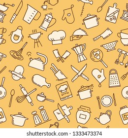 The seamless pattern on the kitchen theme with a variety of kitchen items. Background for menu design, kitchen items, and other things.