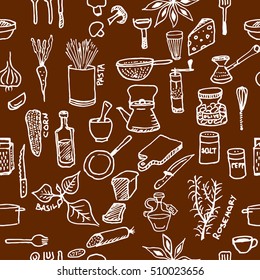 Seamless pattern on a kitchen theme. A variety of products, kitchenware, appliances and condiments. Cooking, Healthy Eating. EPS10