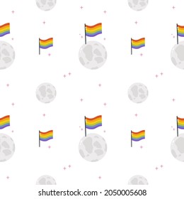 Seamless pattern on the LGBTQ theme. Seamless pattern with rainbow flag on the moon. Vector illustration with LGBTQ symbols. Rainbow stickers, digital paper, wrapping paper. Happy pride - background.