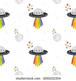 Seamless pattern on the LGBTQ theme. Seamless pattern with UFO and moon. Vector illustration with LGBTQ symbols. Rainbow stickers, digital paper, wrapping paper. Happy pride - background.