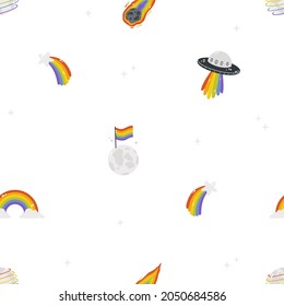 Seamless pattern on the LGBTQ theme. Seamless pattern with UFO,meteorite,moon,stars. Vector illustration with LGBTQ symbols. Rainbow stickers, digital paper, wrapping paper. Happy pride - background.