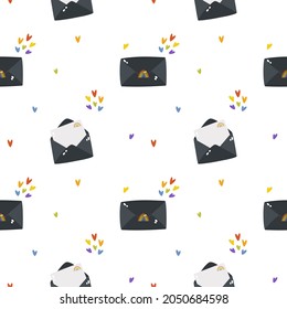 Seamless pattern on the LGBTQ theme.Seamless pattern with envelopes and love messages.Vector illustration with LGBTQ symbols.Rainbow stickers, digital paper, wrapping paper. Happy pride - background.
