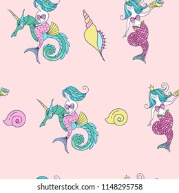 Seamless pattern on light background. A mythological sea creature. Mermaid riding on a seahorse. Vector illustration.