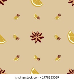 Seamless pattern on a light background, a slice of lemon and a carnation. 