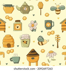Seamless pattern on a light background. Beehive, bees, honey, honeycomb, pot, teapot, cup, spoon, flower. Vector illustration.