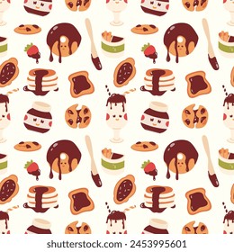 Seamless pattern on a light background with cute desserts with chocolate