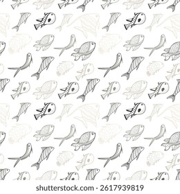 Seamless pattern on a light background. Diagonally swimming upward fish of different species. Pattern in monochrome coffee shades
