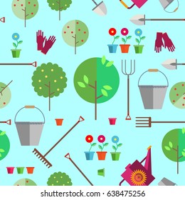 Seamless pattern on a light background. Thema: agriculture or horticulture. Fruit trees. Gloves, watering can, bucket, shovel, pitchfork, rakes, flower pots. Illustration in the style of flat. 
