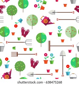 Seamless pattern on a light background. Thema: agriculture or horticulture. Fruit trees. Gloves, watering can, bucket, shovel, pitchfork, rakes, flower pots. Illustration in the style of flat. 
