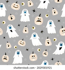 Seamless pattern on a light gray background. Ghosts, pumpkins, spiders, eyes and stars in a flat style. Frightening grimaces. Halloween. Vector illustration. For wrapping paper, textiles, design