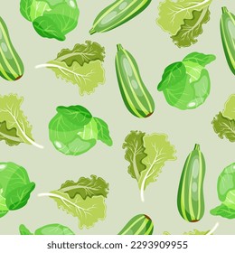Seamless pattern on light green background with zzucchini, cabbage and lettuce leaves. Colourful handdrawn vector background. 