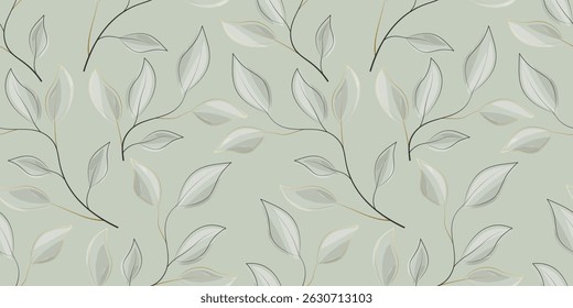 Seamless pattern on light green background with watercolor leaves and golden elements. Ideal for backdrop, wallpaper, bedding, home textile, summer clothes. Vector image.