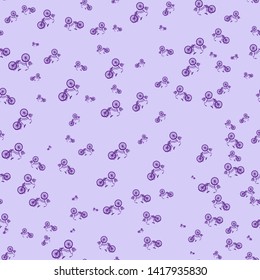 Seamless pattern on a light lilac background. Violet bicycles of various sizes. Repeating texture. Purple image. Design for textiles, fabrics, background, banner, decor, wallpaper. Vector illustration