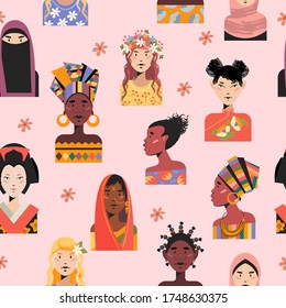 Seamless pattern on a light pink background. Portraits of women of different races and nationalities.