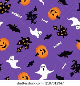 seamless pattern on a lilac background pumpkin, ghost, house, bat, witch, bone, candy